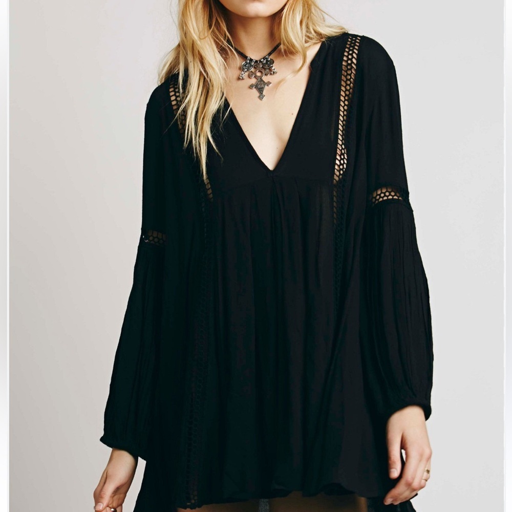Free People Womens Swingy Lace Tunic Top Blouse Black Small Boho Dark Romantic